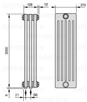 Схема (чертеж) Радиатор Zehnder Charleston 6300/3 №3370 Белый глянцевый RAL 9016